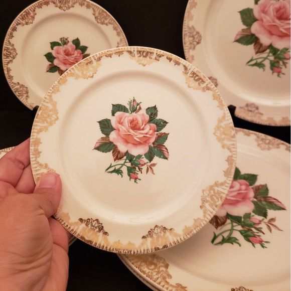 American Rose Dinner Bread Plates Paden City Pink Roses Gold Vintage 7 Piece Lot - Picture 4 of 10